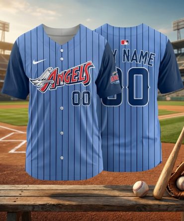 Vintage Angels Baseball Jersey - Custom Blue Pinstripe Design, Perfect Gift For Fans
