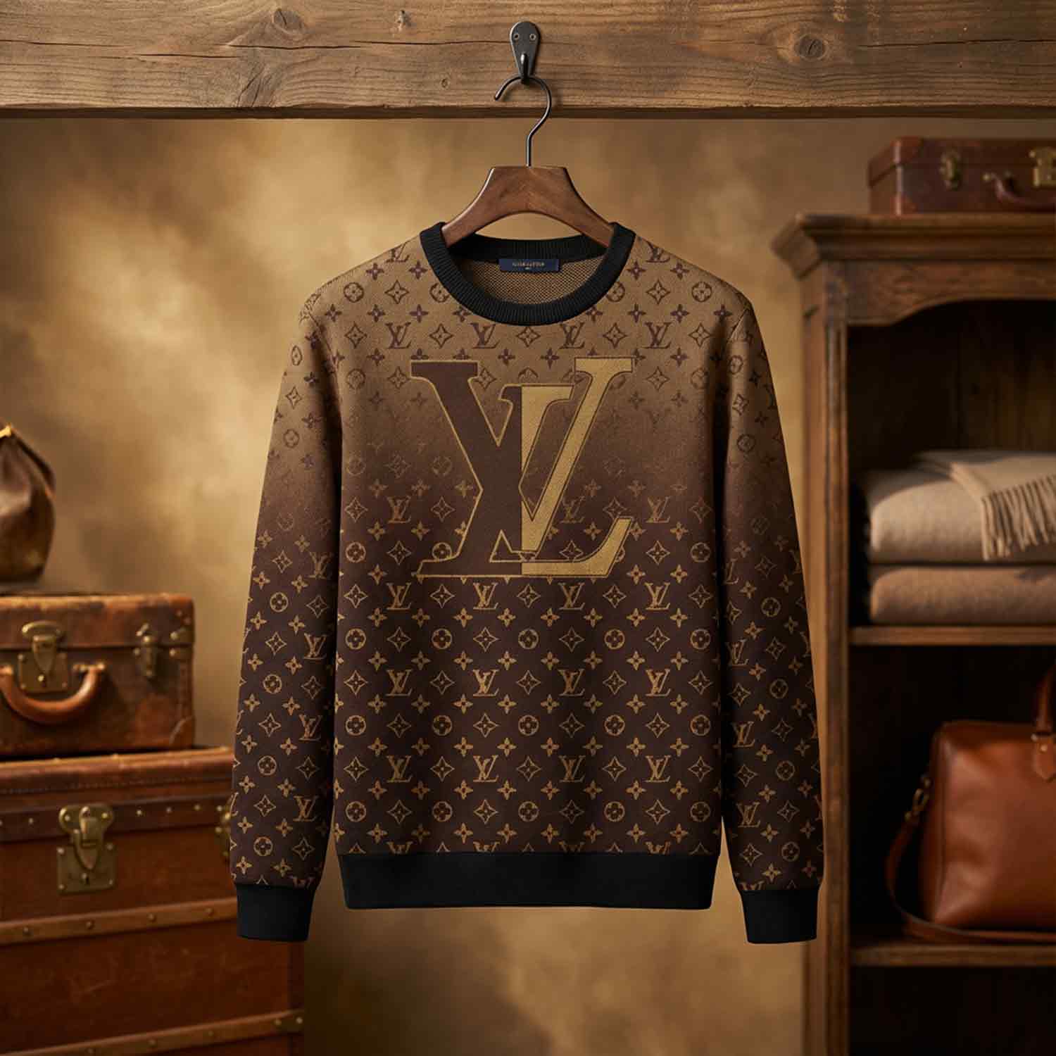 Stylish Brown Louis Vuitton Brand Logo Print Sweater Cozy & Trendy Winter Wear