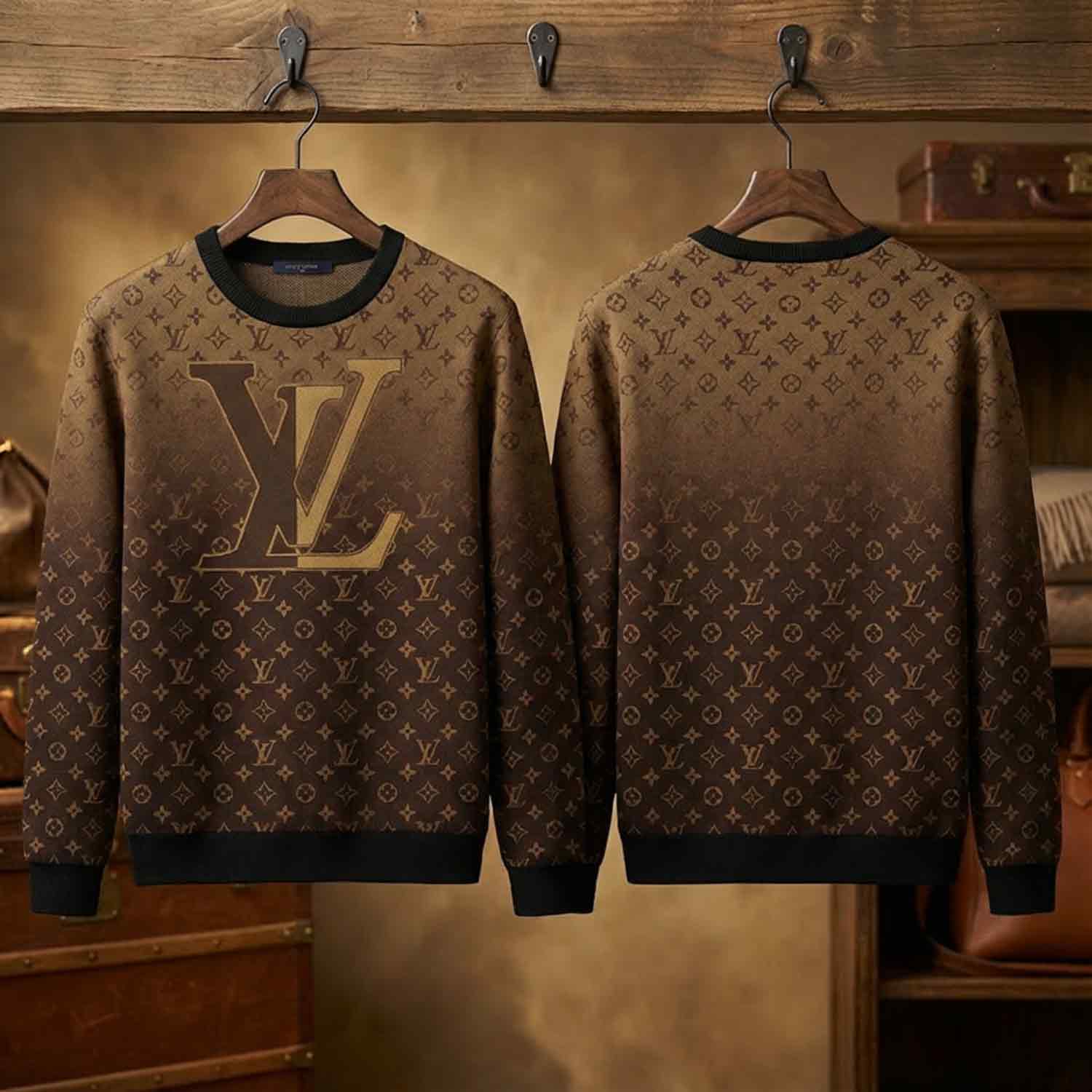 Stylish Brown Louis Vuitton Brand Logo Print Sweater Cozy & Trendy Winter Wear - Image 3