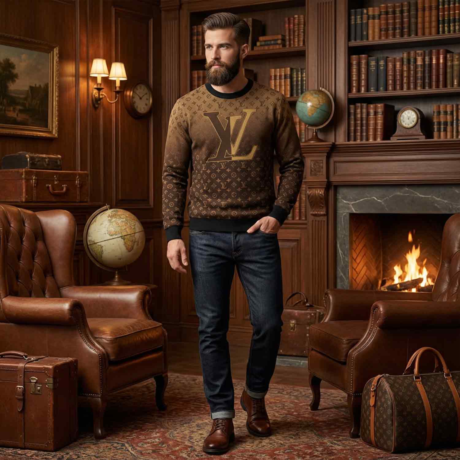 Stylish Brown Louis Vuitton Brand Logo Print Sweater Cozy & Trendy Winter Wear - Image 2