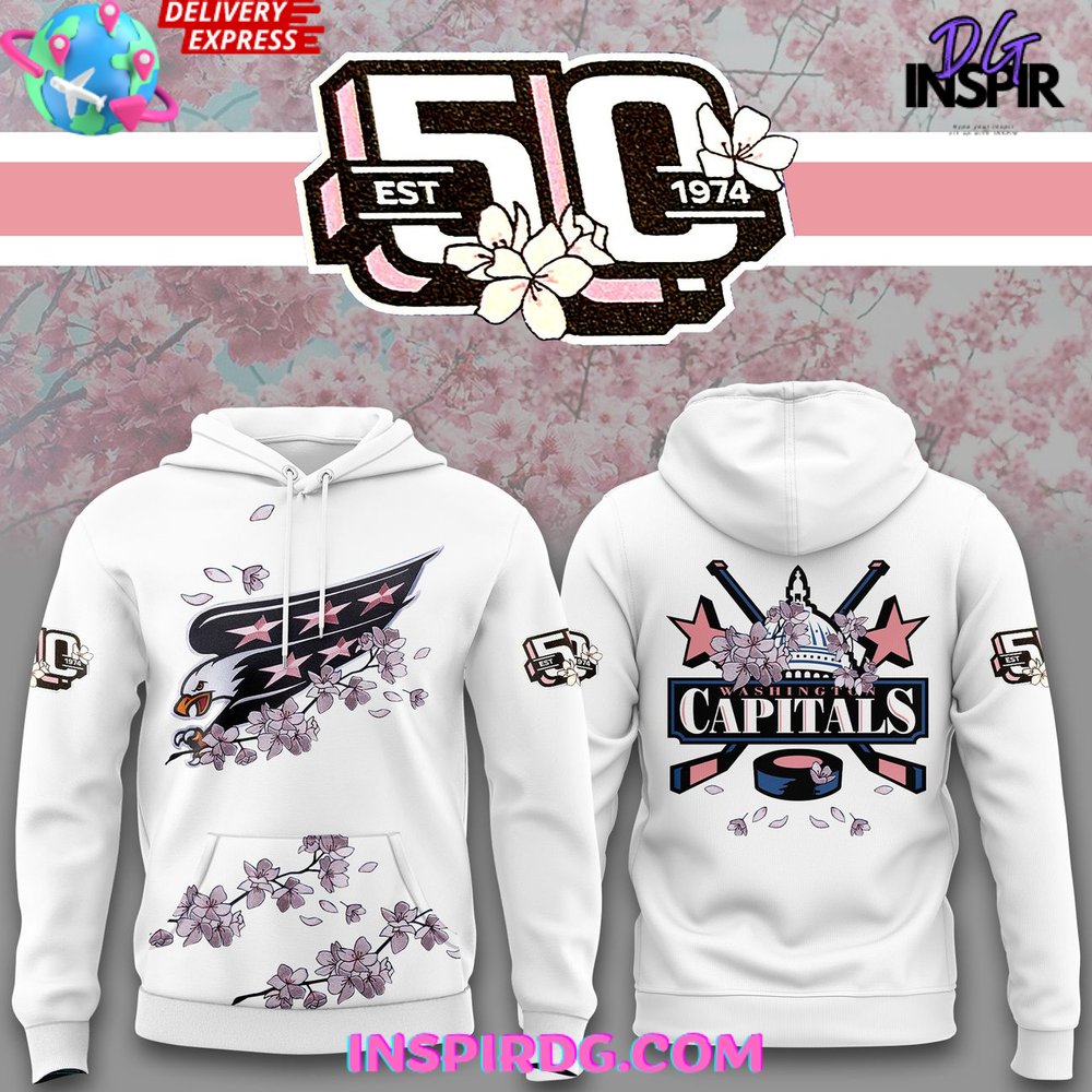 Washington Capitals 50Th Anniversary Cherry Blossom White All Over Print Hoodie, 3D Hoodie