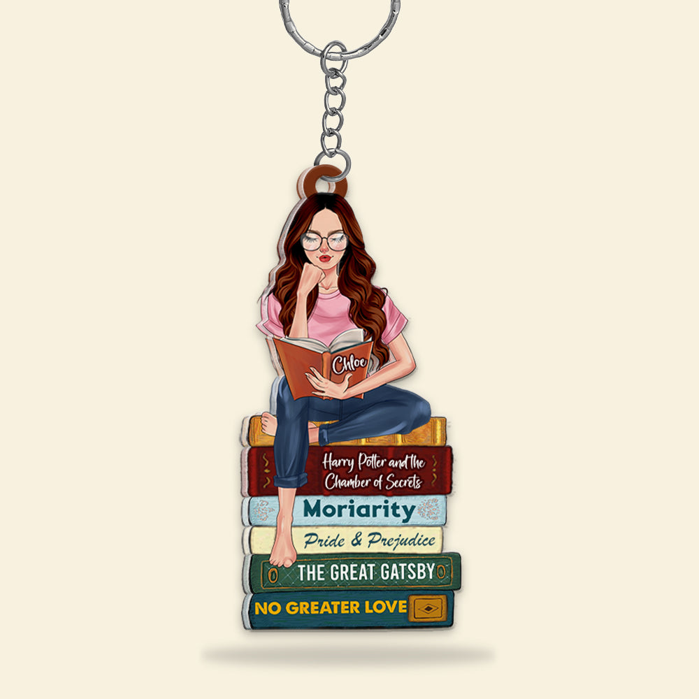 Personalized Gifts For Book Lovers Keychain Reading Girl With Custom Book Titles - Image 7