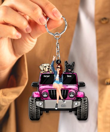 Personalized Gifts For Dog Lovers Keychain Travelling Girl With Her Dogs