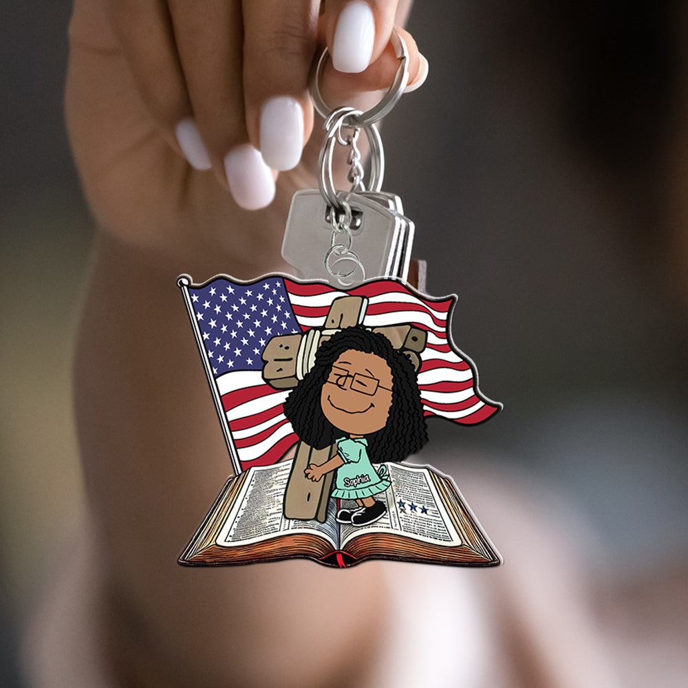 Personalized Gifts For Christians Keychain, Wooden Cross, Bible & American Flag 01Qhqn060125 - Image 2