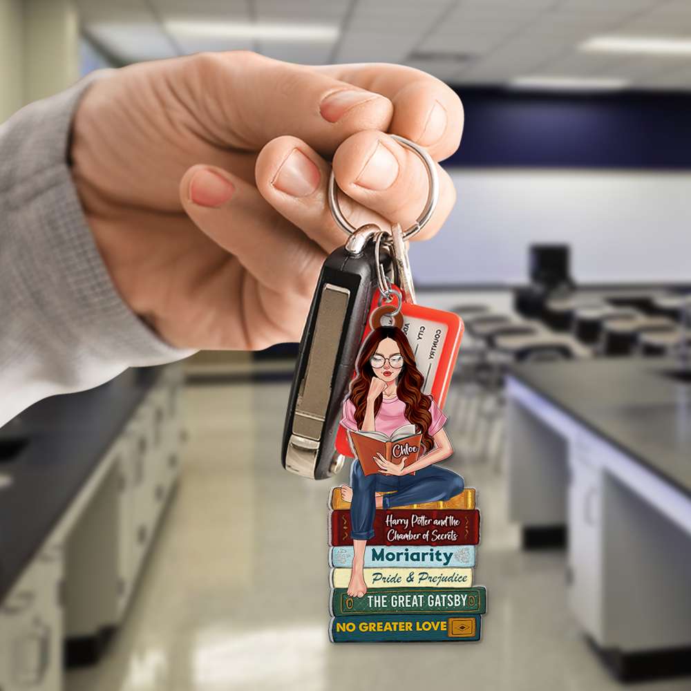 Personalized Gifts For Book Lovers Keychain Reading Girl With Custom Book Titles - Image 3