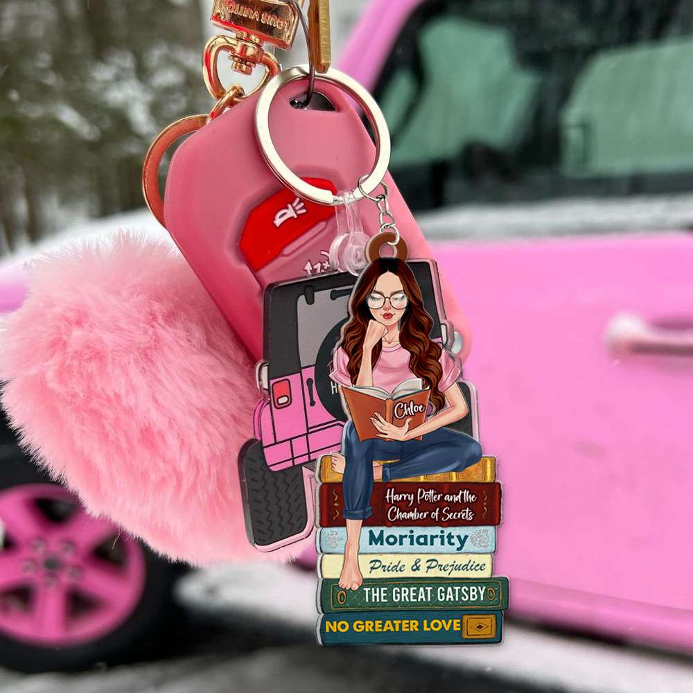 Personalized Gifts For Book Lovers Keychain Reading Girl With Custom Book Titles - Image 4