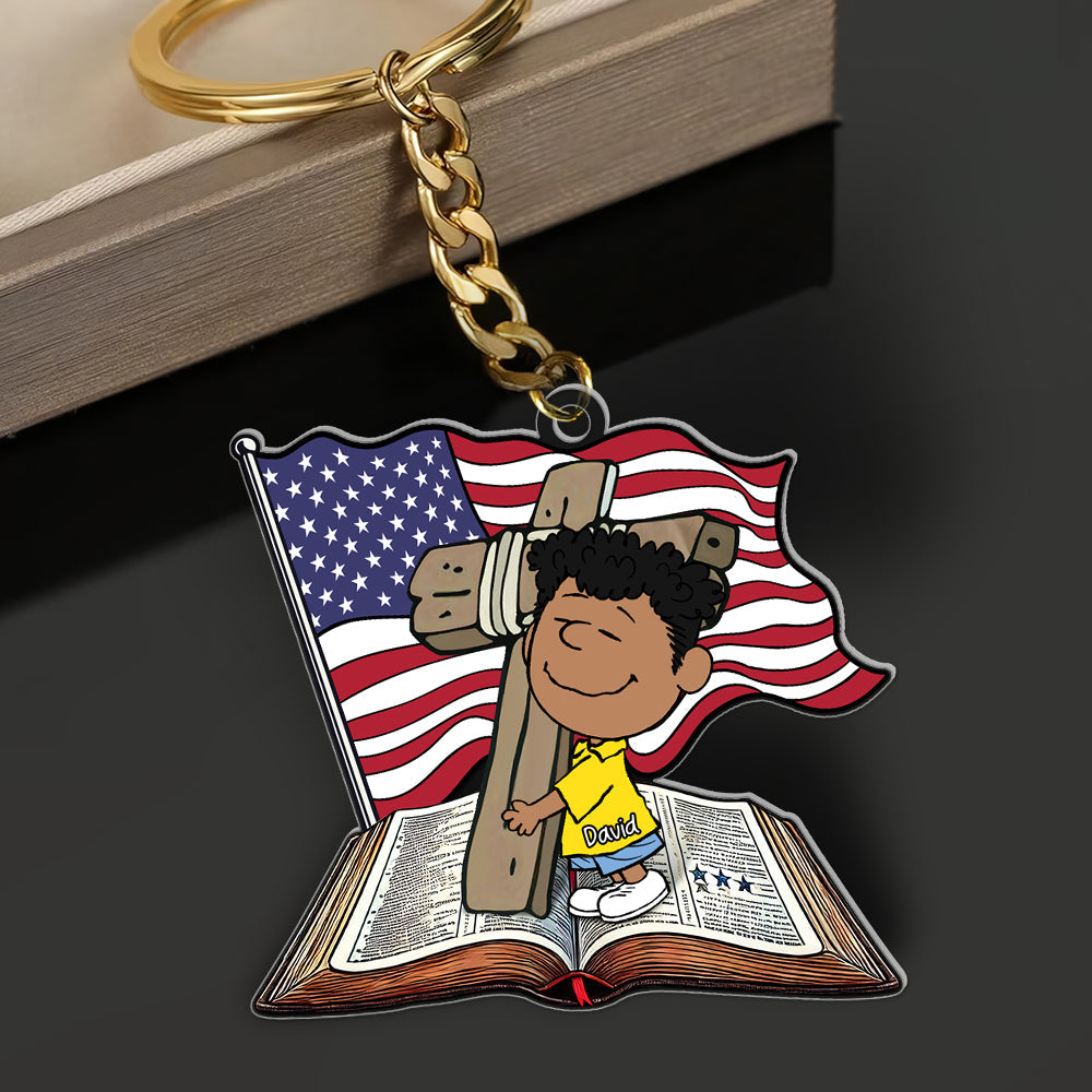Personalized Gifts For Christians Keychain, Wooden Cross, Bible & American Flag 01Qhqn060125
