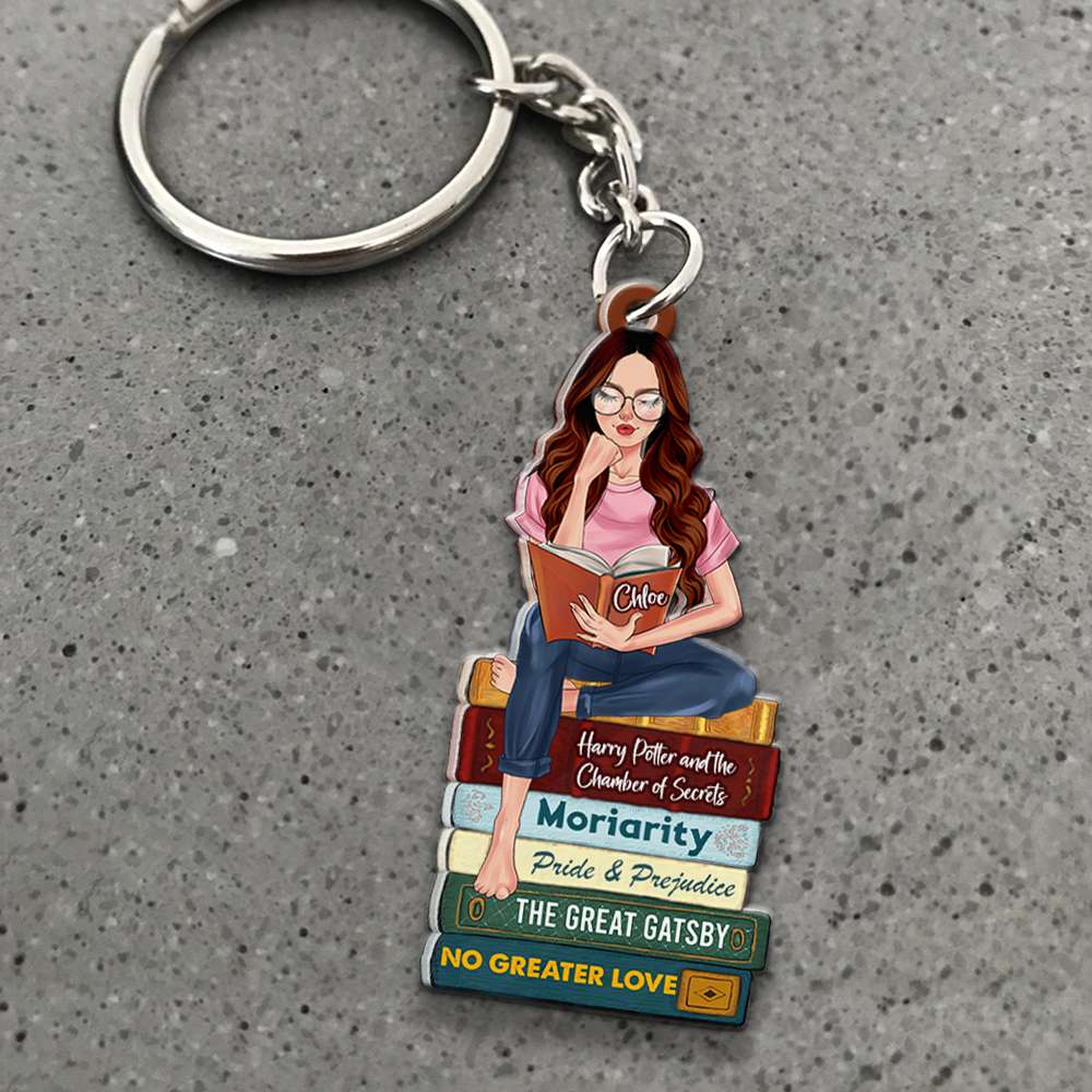 Personalized Gifts For Book Lovers Keychain Reading Girl With Custom Book Titles - Image 5