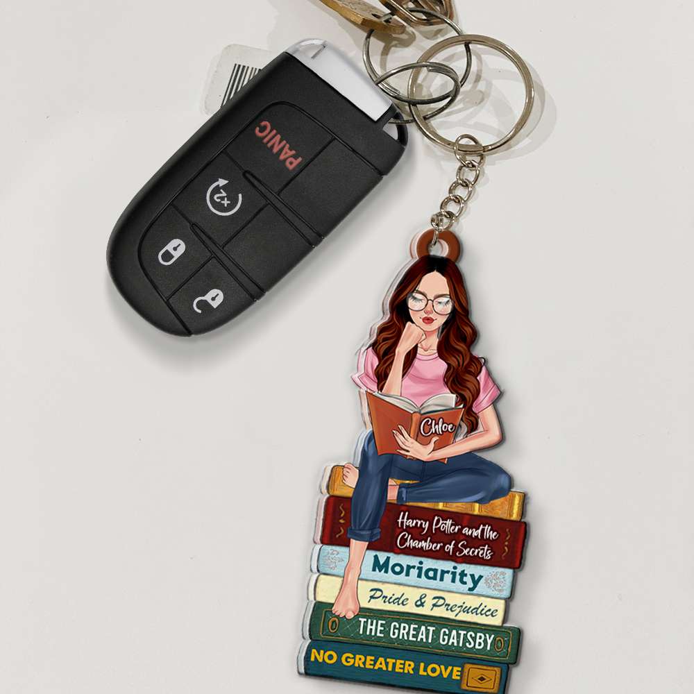 Personalized Gifts For Book Lovers Keychain Reading Girl With Custom Book Titles - Image 2