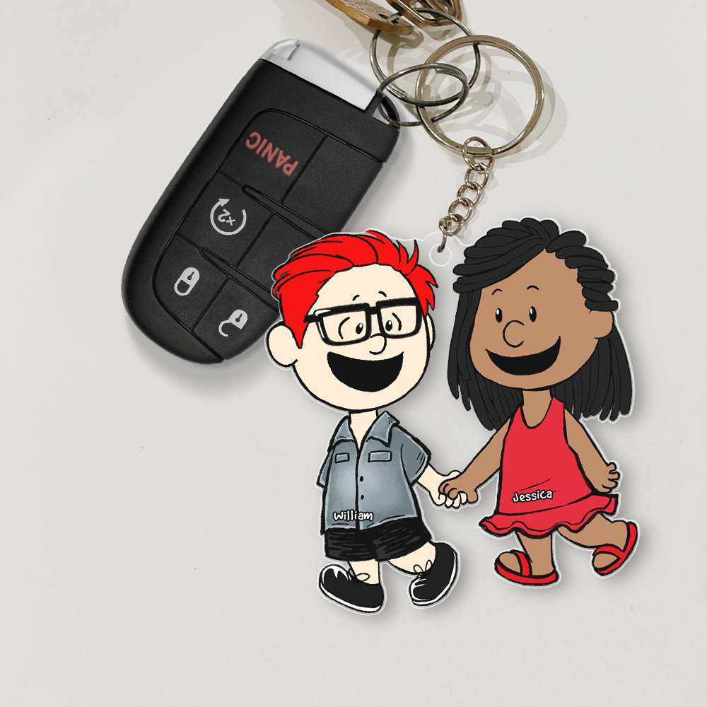Personalized Christmas Couple Keychain - Cartoon Couple Hand In Hand 06Qhhn190124Hh