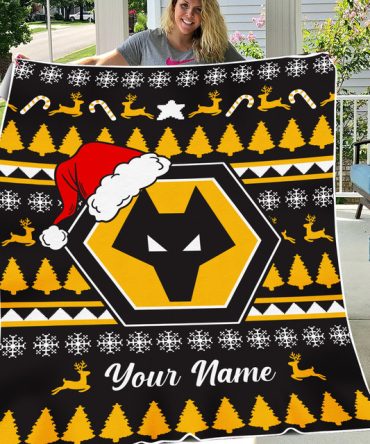 Wolverhampton Wanderers Cozy Custom Christmas Blanket - Personalized Festive Design With Santa Hat And Trees