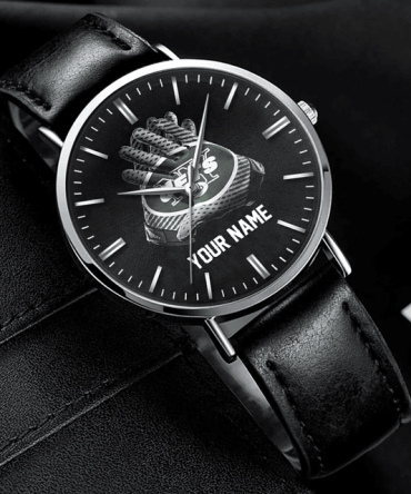 Custom Hand Watch For Fan Black Leather Watch With Personalized Dial , Perfect Gift
