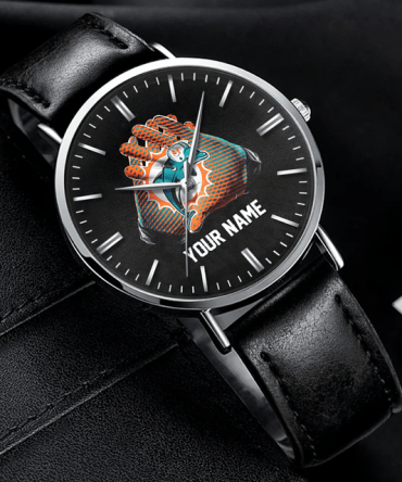 Customizable Black Leather Watch With Unique Graphic Dial - Personalize With Your Name