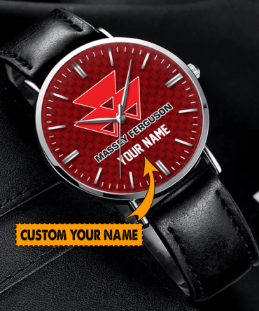 Customizable Massey Ferguson Watch - Personalized Name On Red Dial, Leather Strap