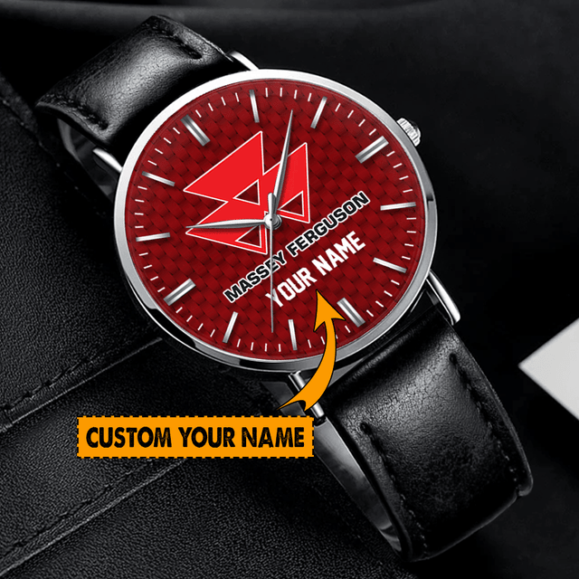 Customizable Massey Ferguson Watch - Personalized Name On Red Dial, Leather Strap