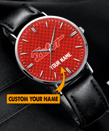 Personalized Leather Strap Watch - Custom Name Engraving , Stylish Red Dial Gift