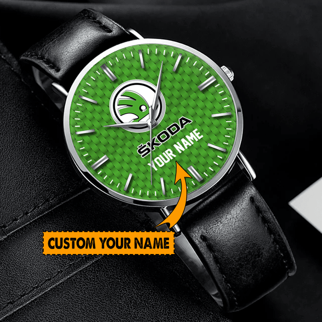 Customizable Green Watch With Leather Strap - Personalize With Your Name!