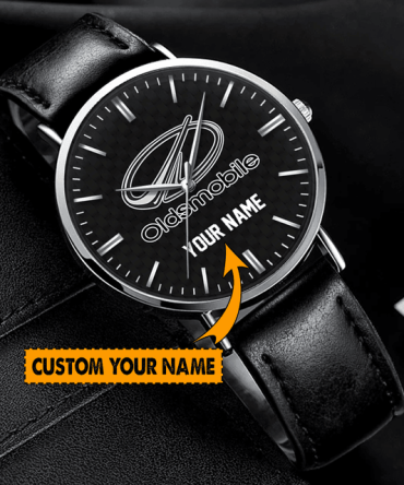 Customizable Oldsmobile Watch – Personalize With Your Name, Sleek Black Leather Strap