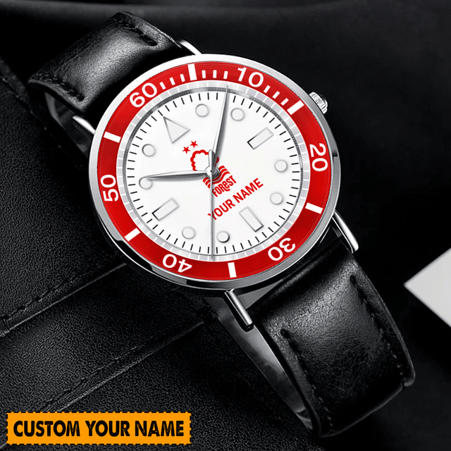 Customizable Name Watch - Personalized Leather Strap, Stylish Red Bezel - Unique Gift Idea