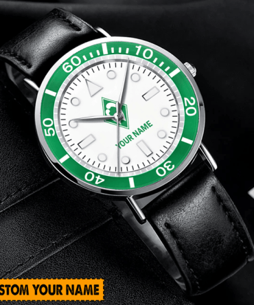 Customizable Leather Strap Watch – Personalize With Your Name, Sleek Green Bezel Design