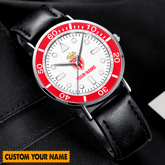 Custom Name Men'S Watch - Personalized Leather Strap, Red Bezel, Elegant Gift