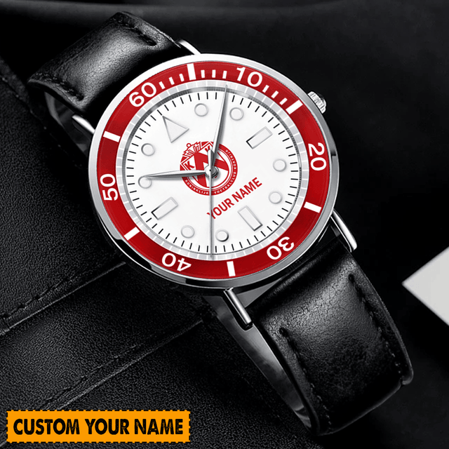 Personalized Custom Name Watch - Stylish Leather Strap, Red Dial, Perfect Gift