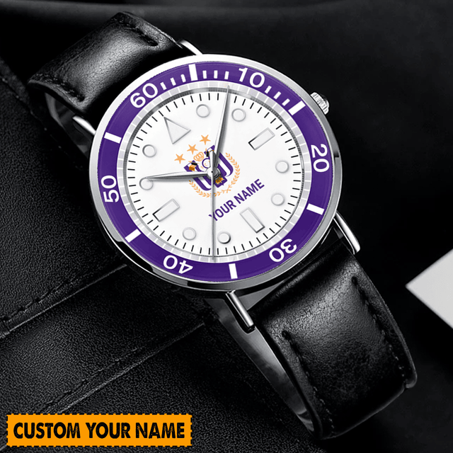 Customizable Name Watch With Purple Bezel & Black Leather Strap - Perfect Personalized Gift