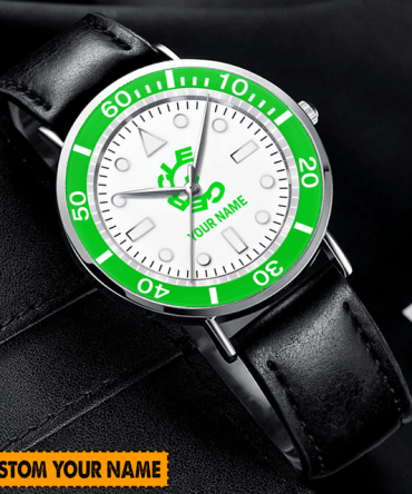 Custom Name Watch - Personalized Green Dial With Black Leather Strap