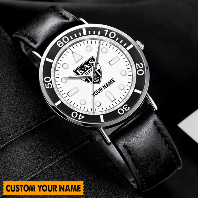 Custom Hand Watch For Fan Men'S Watch - Personalized Name & Logo, Stylish Black Leather Strap, Perfect Gift!