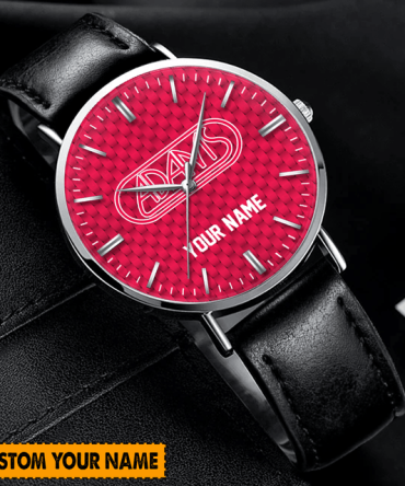 Customizable Name Watch - Personalized Red Face, Black Leather Strap , Unique Gift Idea