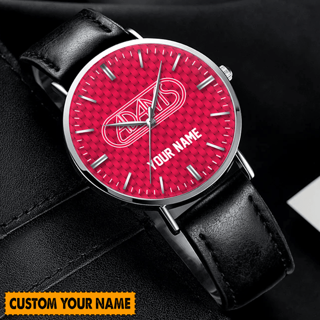 Customizable Name Watch - Personalized Red Face, Black Leather Strap , Unique Gift Idea