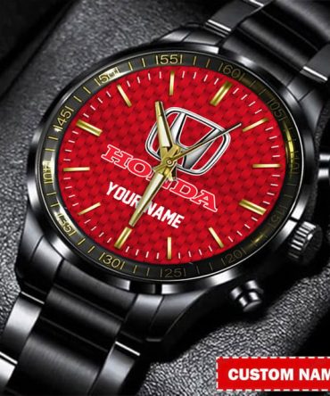 Custom Name Black Steel Watch With Red Dial - Perfect Gift For Honda Fans