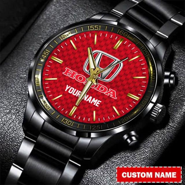 Custom Name Black Steel Watch With Red Dial - Perfect Gift For Honda Fans