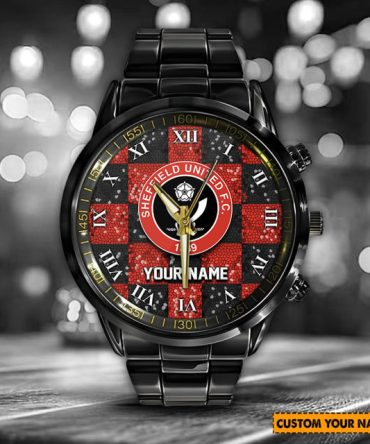 Custom Sheffield United Fc Watch - Personalized Name, Elegant Roman Numerals, Black Metal Band