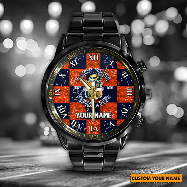Customizable Luton Town Fc Watch – Personalize With Your Name, Stylish Black Metal Design