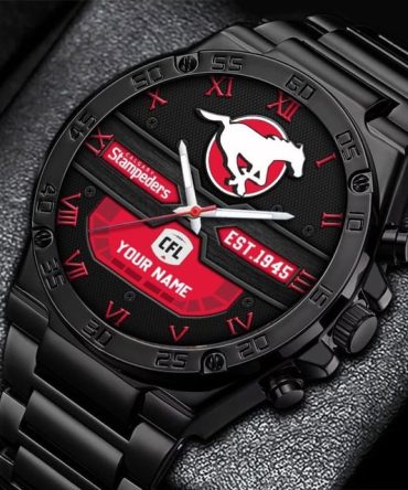 Custom Calgary Stampeders Watch - Personalized Cfl Fan Gift, Black Stainless Steel