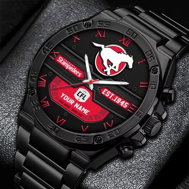 Custom Calgary Stampeders Watch - Personalized Cfl Fan Gift, Black Stainless Steel