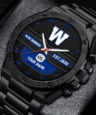 Customizable Black Steel Sports Watch - Blue Bombers Edition, Perfect Gift!