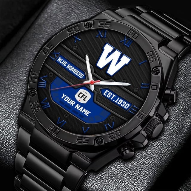 Customizable Black Steel Sports Watch - Blue Bombers Edition, Perfect Gift!
