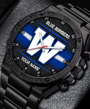 Custom Blue Bombers Fan Watch – Personalized Name Engraving, Stylish Black Design