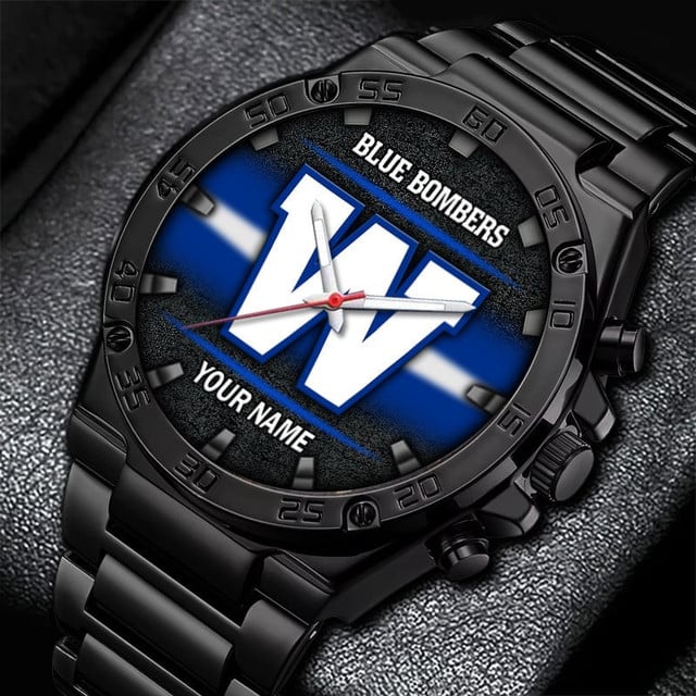 Custom Blue Bombers Fan Watch – Personalized Name Engraving, Stylish Black Design