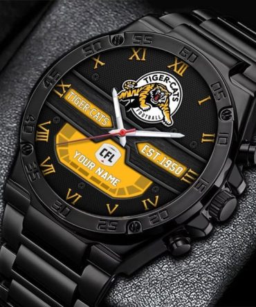 Custom Tiger-Cats Watch – Cfl Edition, Personalized Name, Black Stainless Steel