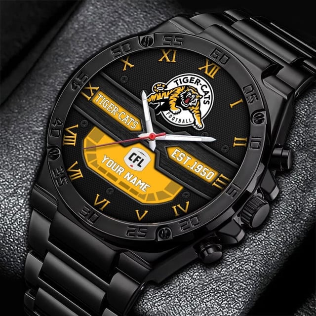 Custom Tiger-Cats Watch – Cfl Edition, Personalized Name, Black Stainless Steel