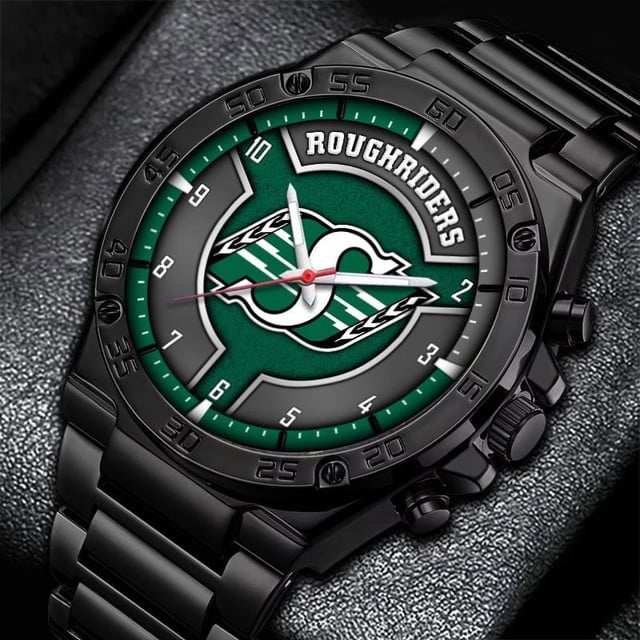 Stylish Black Metal Watch With Green Roughriders Logo – Perfect Gift For Fans!