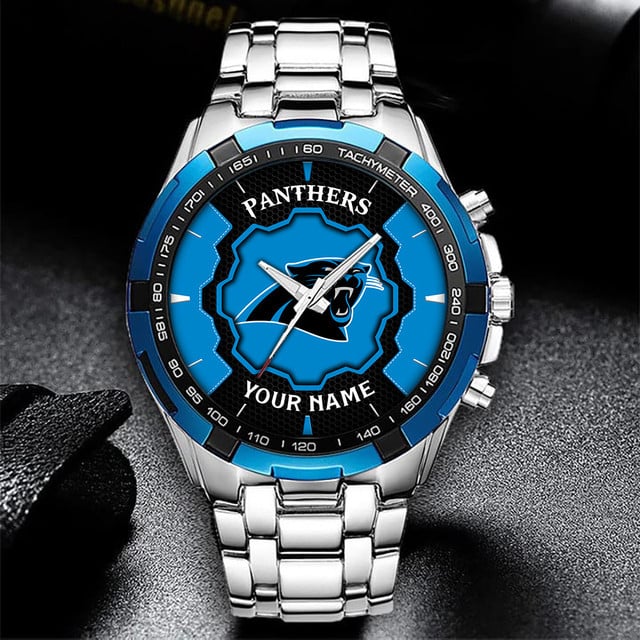 Customizable Panthers Fan Watch – Stainless Steel Sports Design, Add Your Name!