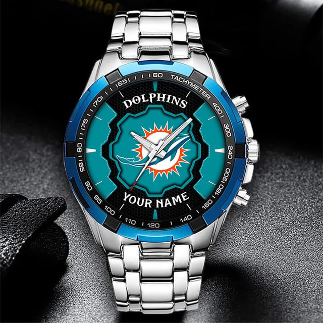 Custom Dolphins Fan Watch - Personalized Name & Logo Stainless Steel Sports Timepiece