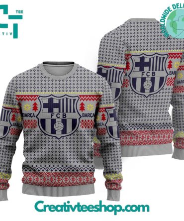 Fc Barcelona Pine Tree Grey Ugly Christmas Sweater