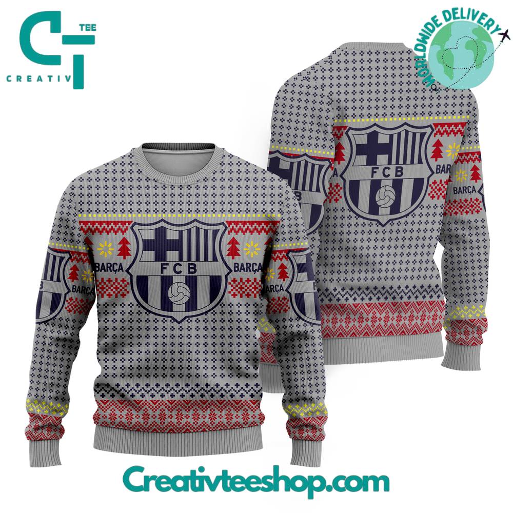 Fc Barcelona Pine Tree Grey Ugly Christmas Sweater