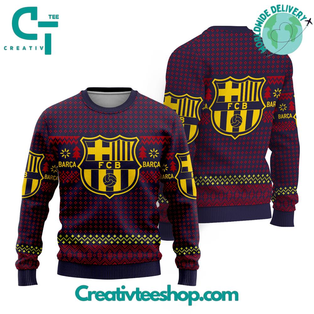 Fc Barcelona Pine Tree Ugly Christmas Sweater