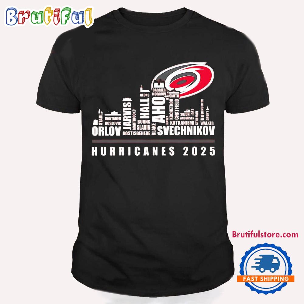 Carolina Hurricanes 2025 Players Names City Skyline T Shirt